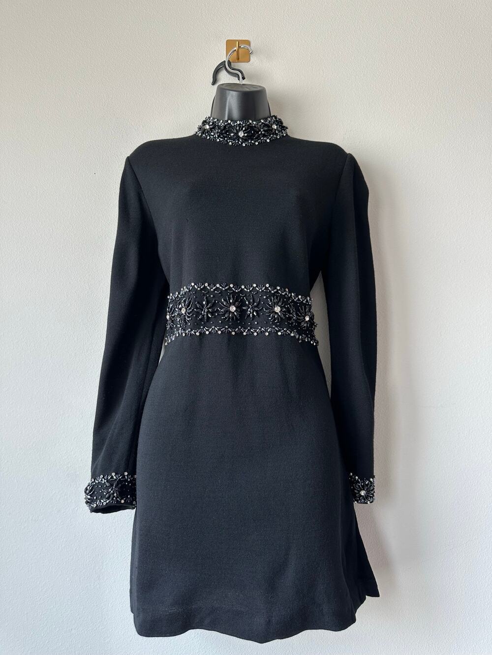 Vintage 1960s Black Wool Beaded Mod Mini Dress Rhinestone Cocktail Size S